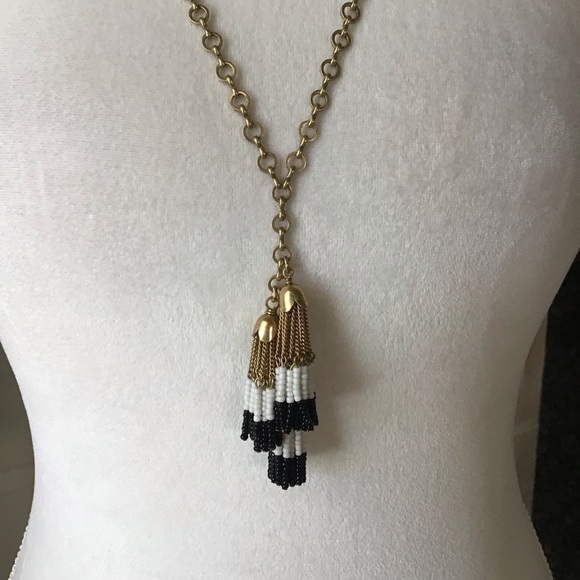 J.Crew Tassel Necklace Gold Tone Chain Black White Seed Bead Fringe Boho Chic - Picture 5 of 14